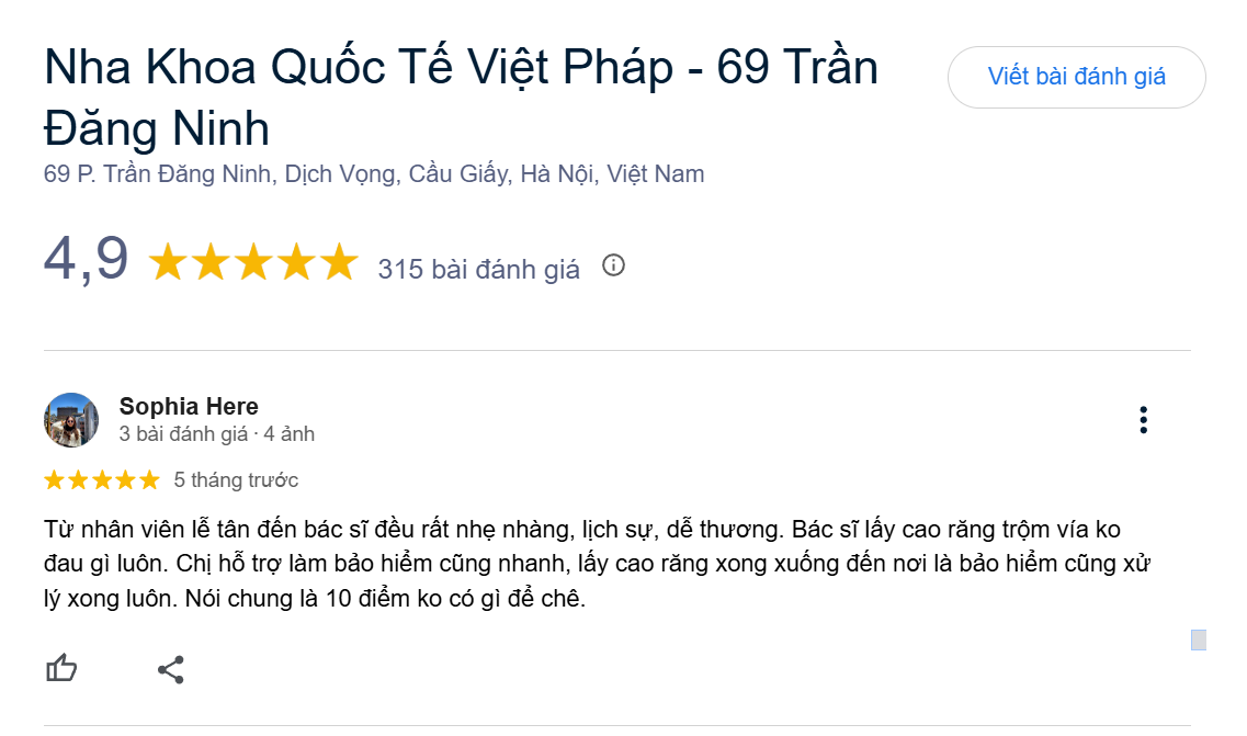 Trang trải nghiệm khách hàng của Nha khoa Quốc tế Việt Pháp luôn luôn hài lòng với dịch vụ