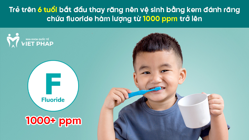 Trẻ trên 6 tuổi bắt đầu thay răng nên vệ sinh bằng kem đánh răng chứa fluoride hàm lượng từ 1000 ppm trở lên