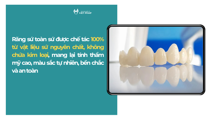 rang toan su 1 Răng sứ toàn sứ được chế tác 100% từ vật liệu sứ nguyên chất, không chứa kim loại, mang lại tính thẩm mỹ cao, màu sắc tự nhiên, bền chắc và an toàn