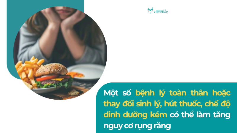 Một số bệnh lý toàn thân hoặc thay đổi sinh lý, hút thuốc, chế độ dinh dưỡng kém có thể làm tăng nguy cơ rụng răng