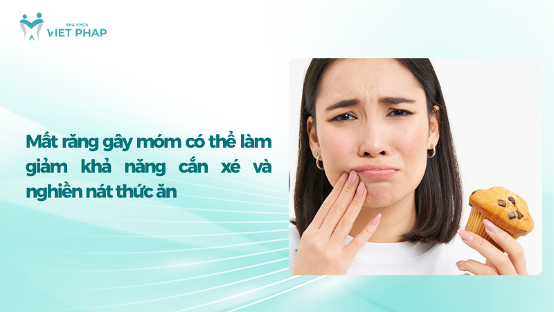 Người phụ nữ gặp khó khăn khi ăn, minh họa ảnh hưởng của mất răng